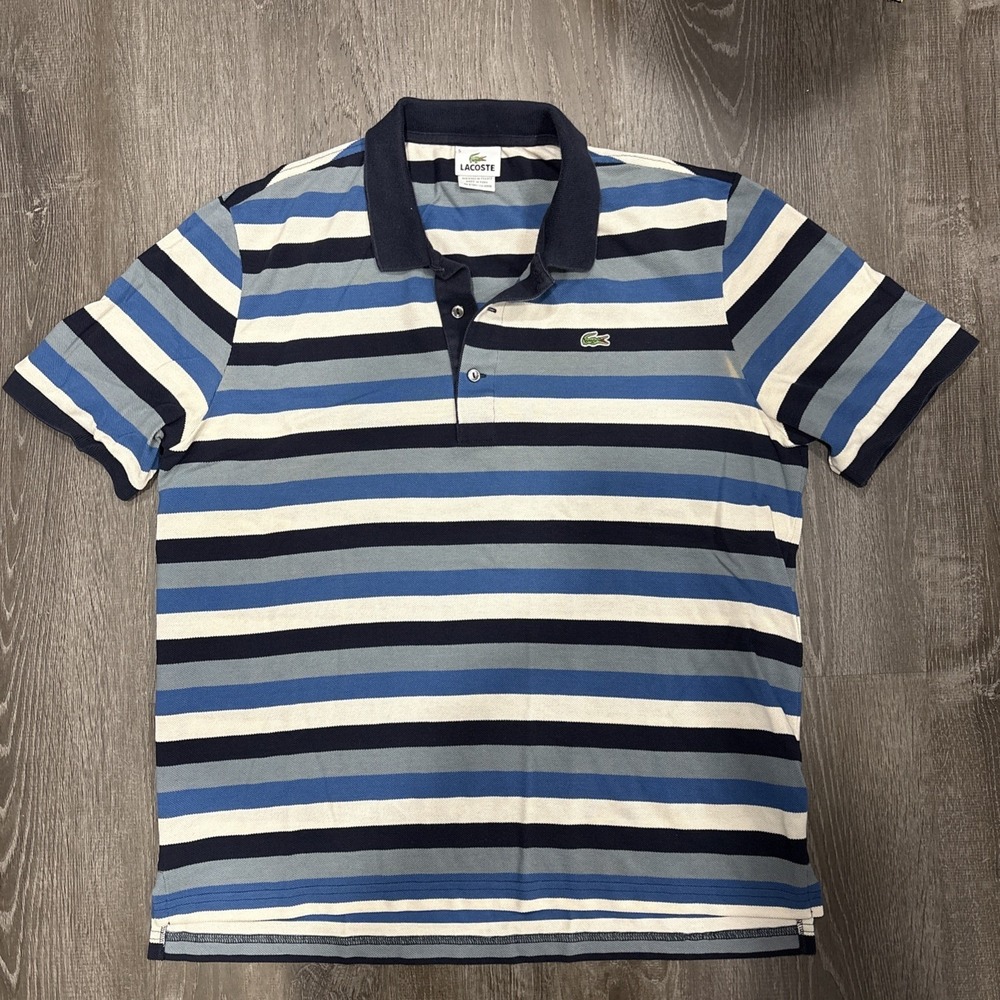Lacoste Shirt Mens 5 Large Blue Short Sleeve Polo Shirt Striped Blue Black White